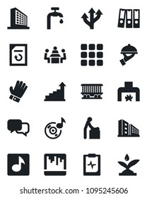 Set of vector isolated black icon - baby room vector, office building, growth statistic, document reload, glove, pulse clipboard, route, railroad, dialog, menu, scanner, music, paper binder, meeting