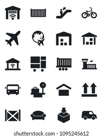 Set of vector isolated black icon - plane vector, airport bus, escalator, waiting area, luggage scales, globe, building, bike, truck trailer, cargo container, consolidated, warehouse storage, car