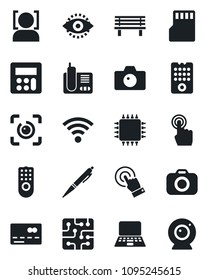 Set of vector isolated black icon - credit card vector, camera, notebook pc, bench, touch screen, radio phone, calculator, sd, wireless, face id, eye, pen, chip, remote control, web