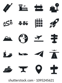 Set of vector isolated black icon - runway vector, suitcase, departure, signpost, baggage larry, plane, seat map, luggage scales, airport building, pin, sea shipping, route, mountains, table, rocket