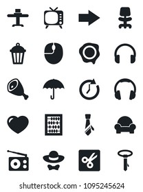 Set of vector isolated black icon - right arrow vector, office chair, abacus, mouse, stamp, garden light, umbrella, radio, tv, headphones, heart, cut, tie, cushioned furniture, restaurant table, ham