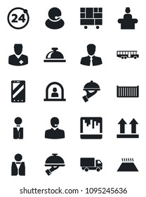 Set of vector isolated black icon - airport bus vector, 24 around, reception bell, mobile phone, doctor, support, client, cargo container, car delivery, consolidated, up side sign, scanner, waiter