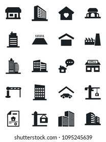 Set of vector isolated black icon - barrier vector, office building, store, warehouse storage, garage, estate document, sweet home, city house, crane, factory, cafe, warm floor, message