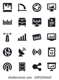 Set of vector isolated black icon - antenna vector, crisis graph, statistic monitor, document reload, diagnosis, barcode, satellite, network, scanner, statistics, bar, archive box, wireless