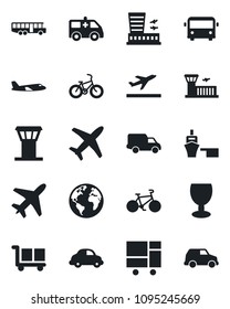 Set of vector isolated black icon - plane vector, airport tower, departure, bus, building, ambulance car, bike, earth, delivery, sea port, consolidated cargo, fragile