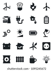 Set of vector isolated black icon - hot cup vector, factory, fire, oil barrel, battery, brightness, desk lamp, windmill, home control, eco house, socket, power plug, radiator, bulb, sun panel, idea