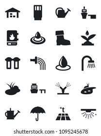Set of vector isolated black icon - watering can vector, boot, water drop, pond, sea port, umbrella, warehouse, bathroom, drink, irrigation, heater, filter, warm floor, sprinkler