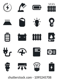 Set of vector isolated black icon - bulb vector, ripper, battery, charge, desk lamp, heater, air conditioner, power plug, water, radiator, warm floor, energy saving