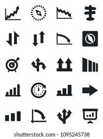 Set of vector isolated black icon - right arrow vector, crisis graph, route, signpost, up side sign, sorting, data exchange, compass, bar, target, clock, growth, presentation