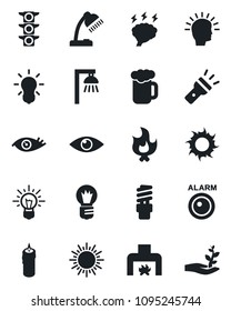 Set of vector isolated black icon - sun vector, brainstorm, bulb, fire, eye, traffic light, torch, desk lamp, fireplace, beer, candle, energy saving, outdoor, alarm led, shining head, idea