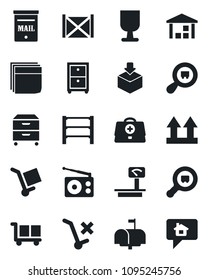 Set of vector isolated black icon - doctor case vector, container, fragile, cargo, up side sign, no trolley, warehouse, package, heavy scales, search, rack, radio, blank box, archive, mailbox
