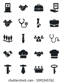 Set of vector isolated black icon - medical room vector, handshake, team, tie, document, stethoscope, meeting, cook hat, case