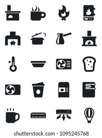 Set of vector isolated black icon - coffee machine vector, fire, fireplace, air conditioner, bread, bowl, steaming pan, turkish, water heater, thermometer, balloon