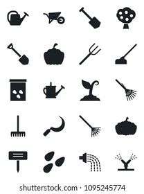 Set of vector isolated black icon - job vector, farm fork, rake, watering can, wheelbarrow, sproute, hoe, sickle, plant label, pumpkin, seeds, fruit tree, irrigation