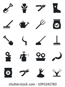 Set of vector isolated black icon - job vector, flower in pot, shovel, farm fork, rake, watering can, sproute, pruner, boot, hoe, sickle, garden sprayer, fertilizer, irrigation