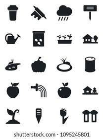 Set of vector isolated black icon - watering can vector, sproute, seedling, rain, plant label, pumpkin, seeds, pond, tulip, oil barrel, house with tree, rolling pin, apple fruit, water filter