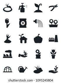 Set of vector isolated black icon - factory vector, flower in pot, watering can, sproute, pruner, pumpkin, greenhouse, pond, garden sprayer, fertilizer, tulip, eco house, palm