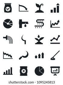 Set of vector isolated black icon - growth statistic vector, watering, sproute, hoe, sickle, fertilizer, drip irrigation, bar graph, pie, point, arrow up, crisis, presentation