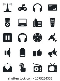 Set of vector isolated black icon - reel vector, radio, antenna, satellite, speaker, loudspeaker, gamepad, remote control, touch screen, headphones, laptop pc, phone, finger up, low battery, mail