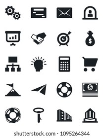 Set of vector isolated black icon - reception vector, office building, target, gear, shining head, motivation, handshake, money bag, cart, cash, calculator, paper plane, schedule, hierarchy, mail