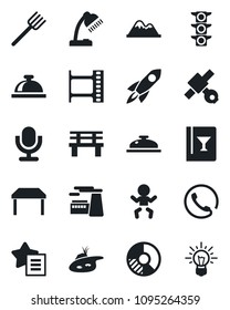 Set of vector isolated black icon - reception bell vector, baby, factory, circle chart, farm fork, bench, satellite, traffic light, film frame, microphone, favorites list, desk lamp, pond, mountains