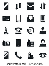 Set of vector isolated black icon - mobile phone vector, office, 24 hours, support, cell, radio, mail, call, data exchange