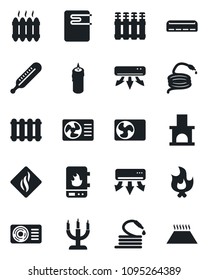 Set of vector isolated black icon - fire vector, hose, fireplace, thermometer, heater, air conditioner, candle, water, smoke detector, radiator, warm floor