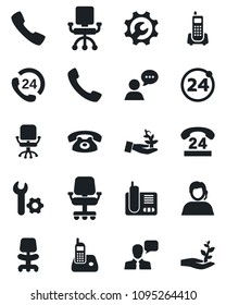 Set of vector isolated black icon - 24 around vector, office chair, phone, hours, support, speaker, radio, call, root setup, palm sproute