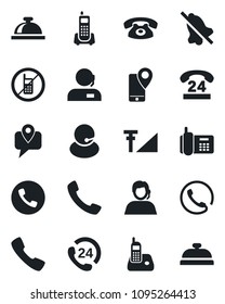 Set of vector isolated black icon - phone vector, no mobile, reception bell, office, 24 hours, support, tracking, radio, call, mute, cellular signal