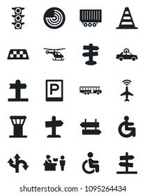 Set of vector isolated black icon - airport tower vector, plane radar, taxi, bus, parking, passport control, signpost, alarm car, border cone, helicopter, disabled, route, traffic light, guidepost