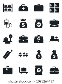 Set of vector isolated black icon - suitcase vector, baggage conveyor, trolley, larry, luggage storage, scales, checkroom, case, money bag, fertilizer, doctor, dropper