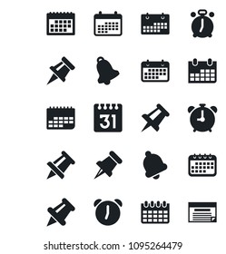 Set of vector isolated black icon - alarm clock vector, drawing pin, calendar, term, paper, bell, schedule