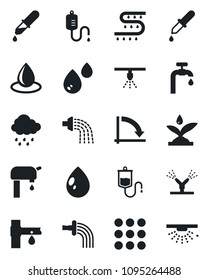Set of vector isolated black icon - crisis graph vector, watering, water drop, rain, drip irrigation, dropper, menu, supply, sprinkler