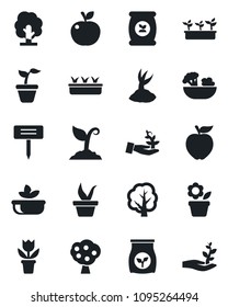 Set of vector isolated black icon - flower in pot vector, seedling, tree, sproute, plant label, fertilizer, fruit, salad, apple, palm