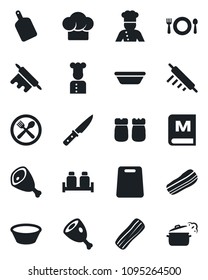 Set of vector isolated black icon - cook vector, cafe, hat, menu, bacon, salt and pepper, ham, bowl, rolling pin, cutting board, knife, steaming pan