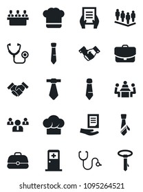 Set of vector isolated black icon - medical room vector, handshake, team, tie, document, stethoscope, meeting, cook hat, case