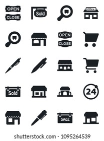 Set of vector isolated black icon - 24 around vector, shop, pen, store, search cargo, sale, sold signboard, cafe building, open close, cart, storefront