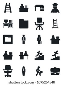 Set of vector isolated black icon - manager vector, desk, place, ladder, folder, career, cook, office chair, case