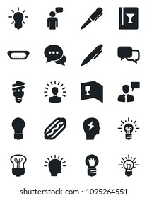 Set of vector isolated black icon - speaking man vector, pen, brainstorm, bulb, dialog, wine card, hot dog, energy saving, shining head, idea