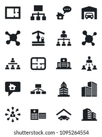 Set of vector isolated black icon - hierarchy vector, well, molecule, hospital, office building, garage, plan, home message