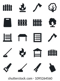 Set of vector isolated black icon - fence vector, tree, saw, fire, hoe, axe, abacus, table, alcove, cutting board