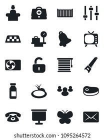 Set of vector isolated black icon - taxi vector, reception, luggage scales, saw, butterfly, pond, doctor case, ampoule, cargo container, tv, group, tuning, bell, presentation board, lock, phone