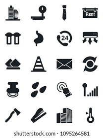 Set of vector isolated black icon - border cone vector, mail, axe, seeds, stomach, 24 hours, heavy scales, touch screen, cellular signal, update, office building, tie, stamp, stapler, rent