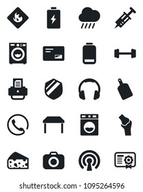 Set of vector isolated black icon - printer vector, rain, syringe, barbell, joint, shield, flammable, camera, headphones, low battery, mail, table, washer, phone, cutting board, cheese, wireless