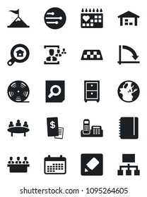 Set of vector isolated black icon - taxi vector, document search, notepad, crisis graph, meeting, medical calendar, reel, network, notes, hr, office phone, archive box, warehouse, estate, motivation