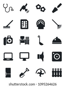 Set of vector isolated black icon - gear vector, desk, trowel, shovel, ripper, rake, stethoscope, tomography, camera, satellite, speaker, monitor, laptop pc, mobile, sim, fridge, dish, ladle