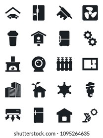 Set of vector isolated black icon - bird house vector, office building, garage, plan, fireplace, fridge, smart home, rolling pin, eco, fan, web camera, air conditioner, gear, water filter, radiator