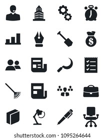 Set of vector isolated black icon - alarm clock vector, job, rake, sickle, group, case, office building, bar graph, news, ink pen, blank box, support, checklist, desk lamp, gear, money bag, chair