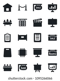 Set of vector isolated black icon - fence vector, flight table, presentation board, meeting, clipboard, clapboard, sale, rooms, sold signboard, smart home, cutting, chip