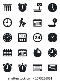 Set of vector isolated black icon - 24 around vector, alarm clock, flight table, calendar, heavy scales, stopwatch, manager, schedule